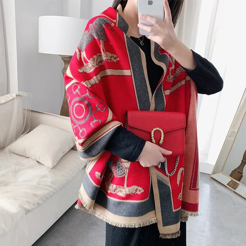 Winter Cashmere Scarf Women Luxury Horse Print Female Shawl Wrap Scarves Lady Thick Warm Blanket Gift Echarpe Pashmina