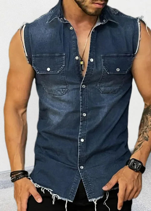 Fashion Street Style Lapel Splicing Pocket Tops Men's Sleeveless Single-breasted Cardigan T-Shirt Male Urban Trend Casual Tees 2