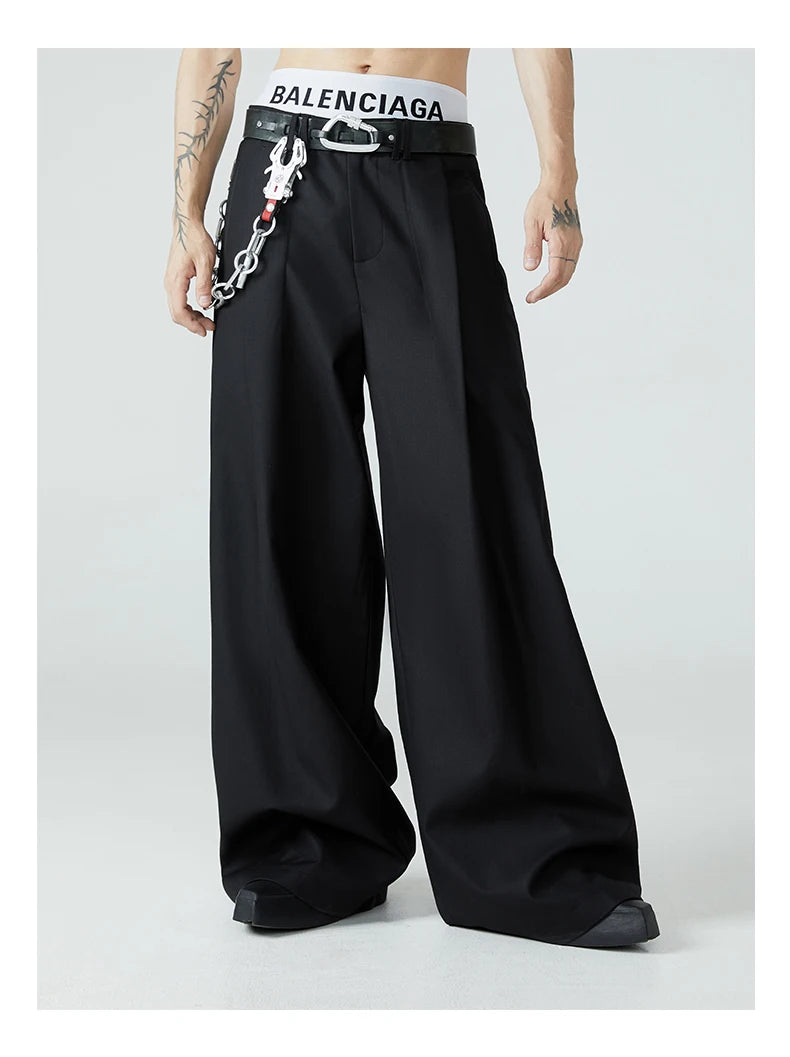 Mauroicardi Spring Autumn Long Loose Casual Baggy Flowy Soft Black Pleated Wide Leg Pants Men Luxury Designer Emo Clothing 2024
