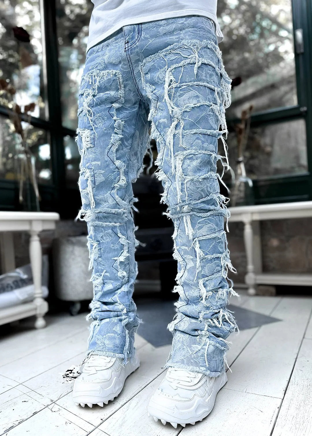 High Street White Men's Stacked Jeans Stretched Patchwork Tassel Damaged Denim Full Length Pants Hip-pop Trousers For Male ﻿