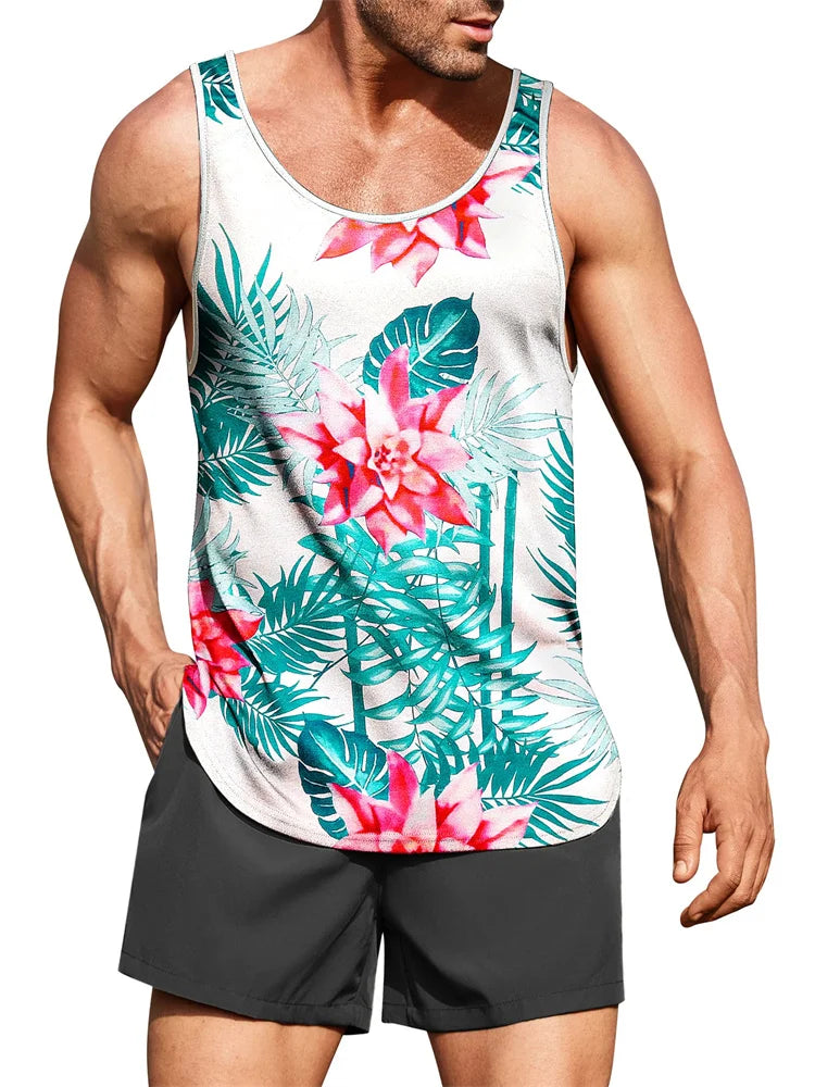 New Summer Men's Sleeveless T-Shirt Men's Outdoor Hawaii Classic Travel Wear Plus-Size Round Neck Palm Leaf 3D Printed Vest