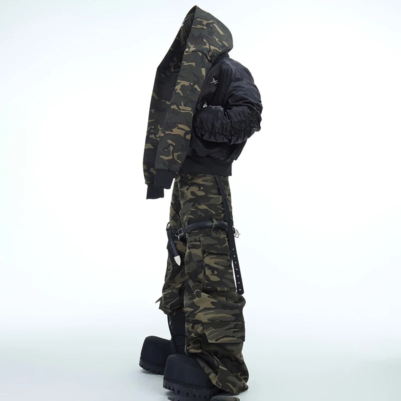 LUZHEN Belt Design Camouflage Work Pants Washed Vintage High Quality Cargo Trousers Trendy Streetwear Men's Straight LZ7881