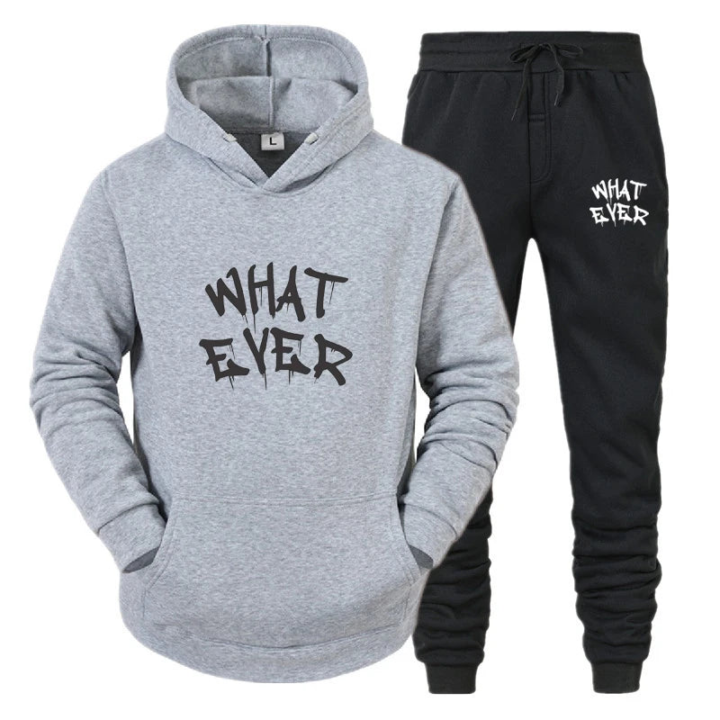 Men What Ever Jogging Tracksuit Outdoor Hooded Two Piece Sets Casual Long Sleeve Pullover + Drawstring Pants Suit Racing