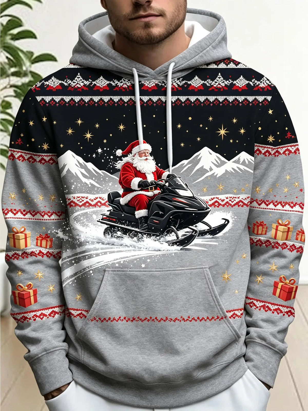 2026 Men Thin Sweatshirt Autumn Winter Hoodie Xmas Santa Snowman Mountain Graphic Print Long Sleeve Male Tops Men's Clothes