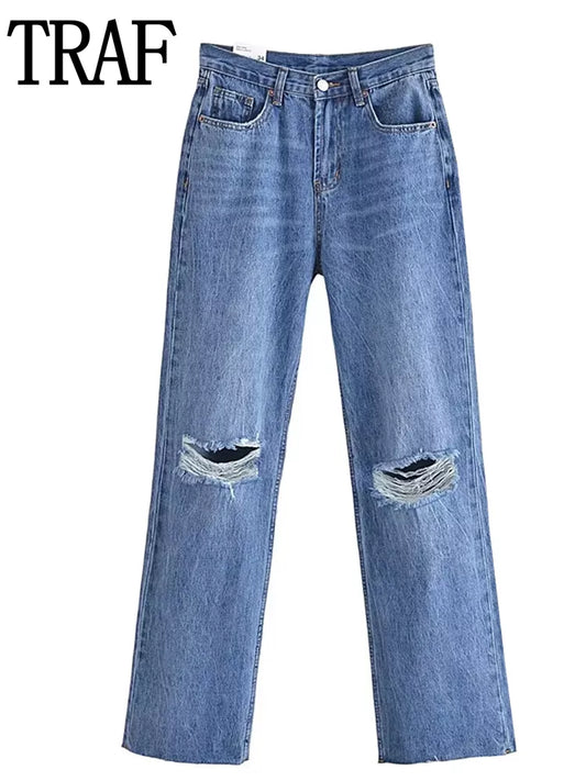 TRAF Blue Baggy Jeans Women Ripped Denim Pants Woman High Waist Wide Leg Pants Female Fashion Streetwear Women's Trousers