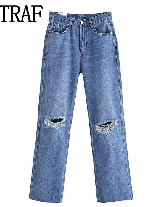 TRAF Blue Baggy Jeans Women Ripped Denim Pants Woman High Waist Wide Leg Pants Female Fashion Streetwear Women's Trousers