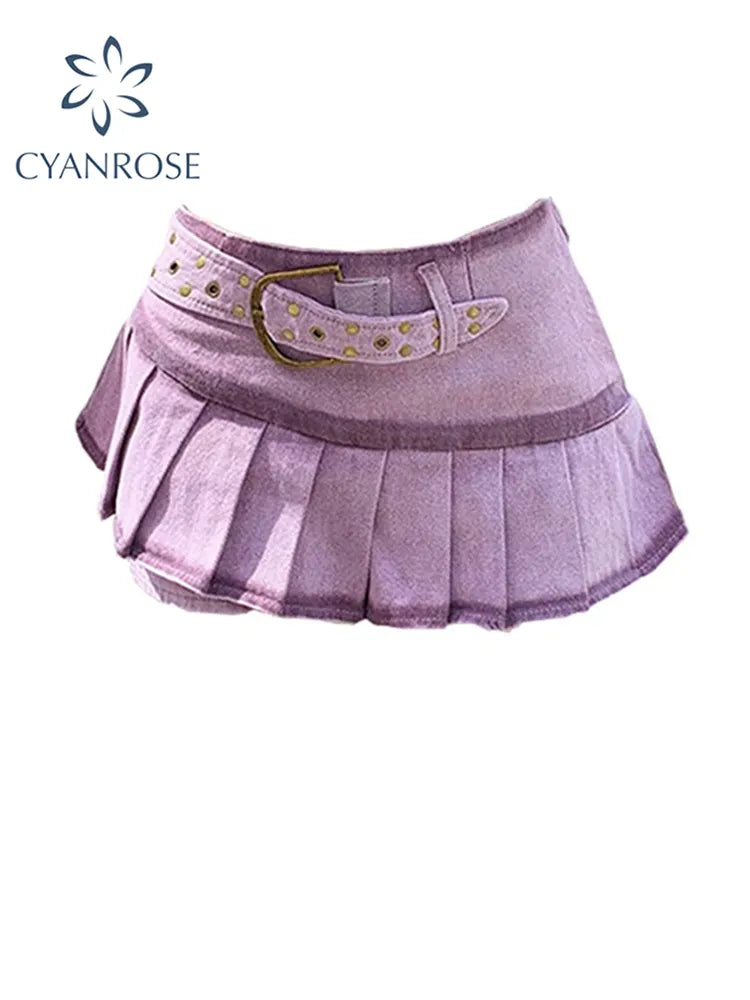 Women's Denim Pleated Skirt Vintage Y2k Korean Style Skirt Harajuku Casual Chic Fashion Kawaii A-line Mini Skirt For Women Summe