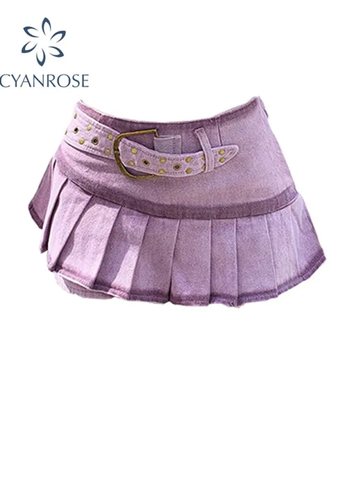 Women's Denim Pleated Skirt Vintage Y2k Korean Style Skirt Harajuku Casual Chic Fashion Kawaii A-line Mini Skirt For Women Summe