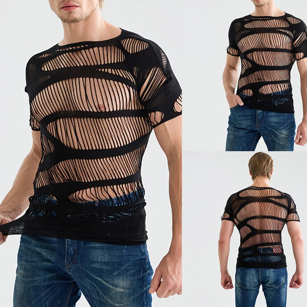 1pc Men Sexy Mesh Sheer Top Short Sleeve Mesh See Through Tops Hollow Out O-neck T-shirts Solid Color Underwear