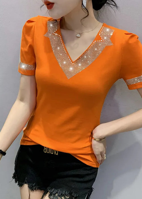 Summer Short Sleeved Women's T-Shirt Fashion V-Neck Hot Diamond Mesh Tops M-3XL Blusas Clothes