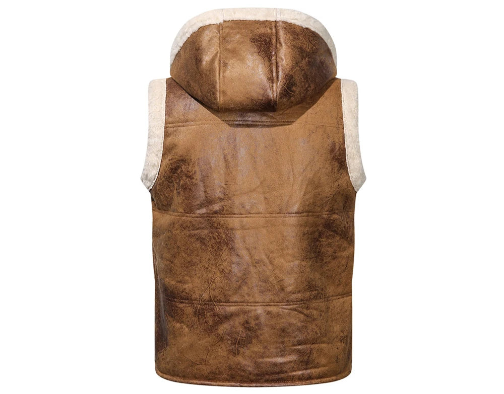 Winter Men's Fleece Warm PU Leather Vests Classical Men Faux Fur Motorcycle Leather Vests Men Windbreaker Hooded Vests Clothing