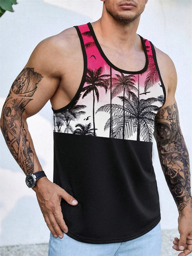 New Summer Men's Sleeveless T-Shirt Men's Outdoor Hawaii Classic Travel Wear Plus-Size Round Neck Palm Leaf 3D Printed Vest