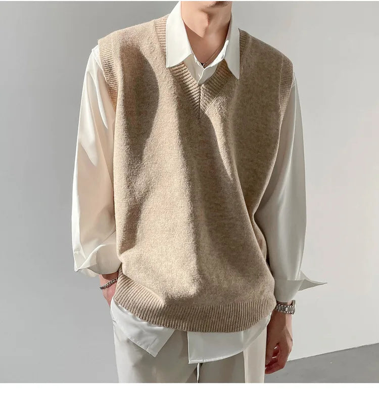 Korean Loose Base Knitted Sweater Sleeveless Vest Men's Underwear Pullover V-neck Sweater Vest