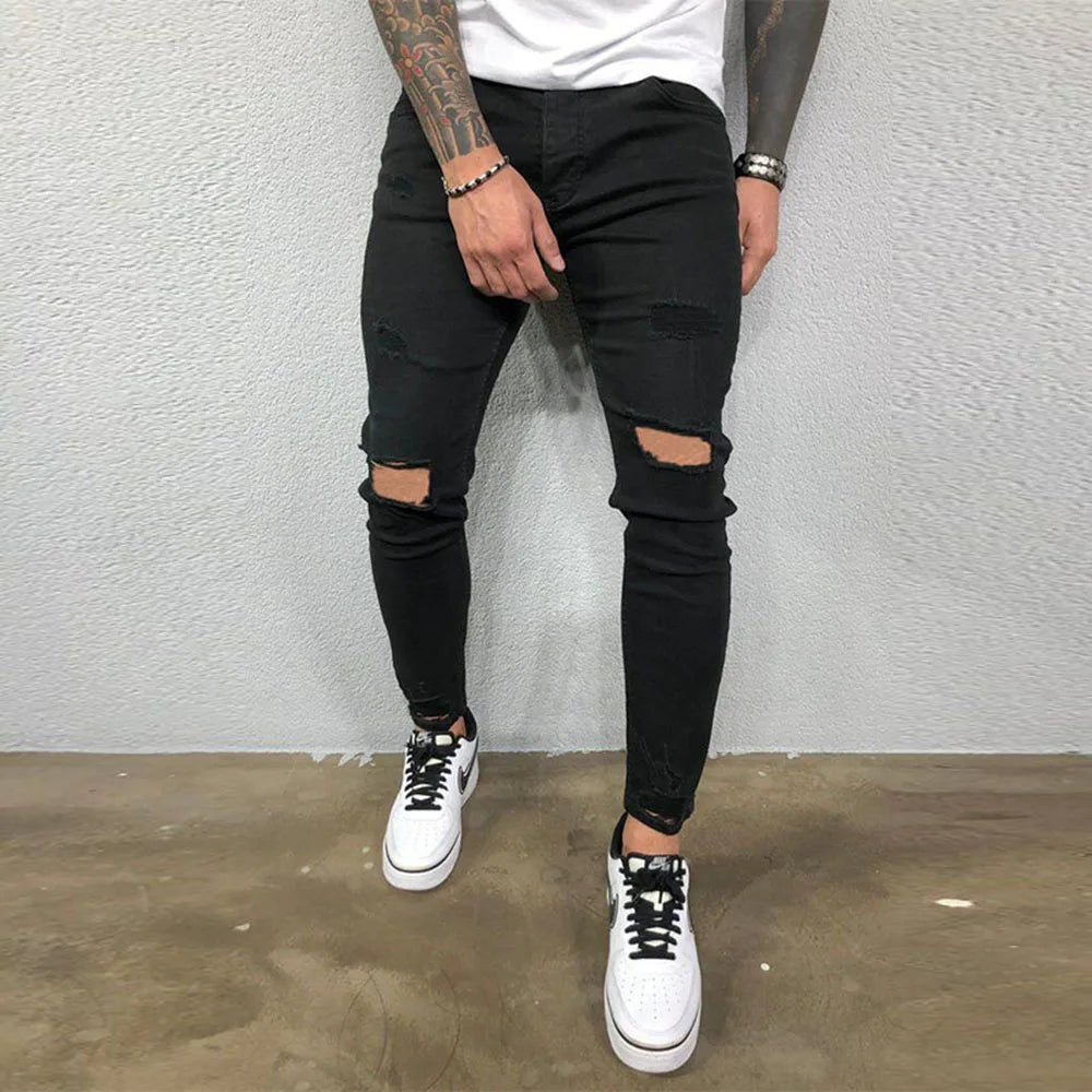 High Quality Fashion European American Classic Solid Washing Denim Pants Casual Men's Stretch Trouser Blue Skinny Jeans Men