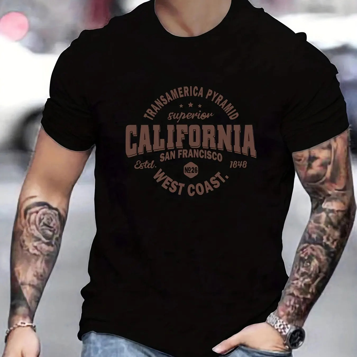 Men's 100% cotton casual sports loose fit California West Coast print round neck short sleeved T-shirt top