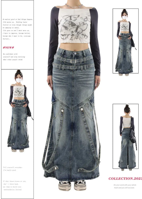 Women's Vintage Long Denim Skirt Fashion Korean Style Ribbon A-Line Skirt Harajuku Streetwear Y2k 90s Pippie Jean Skirt Clothes