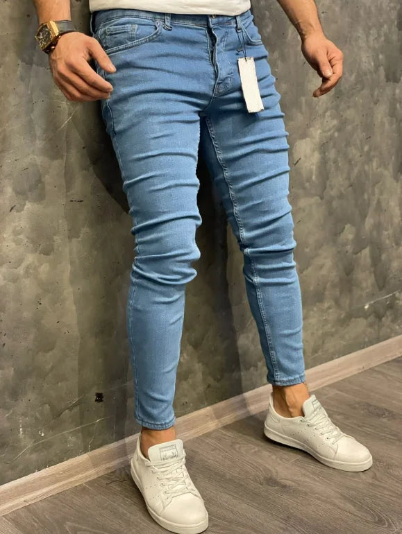 High Quality Fashion European American Classic Solid Washing Denim Pants Casual Men's Stretch Trouser Blue Skinny Jeans Men