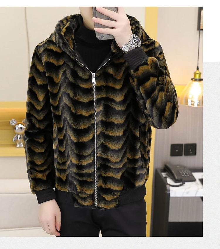 2022 Winter Faux Fur Mink Jackets Men Thicken Warm Imitation Fur Hooded Coat Slim Casual Business Social Jackets Men Clothing