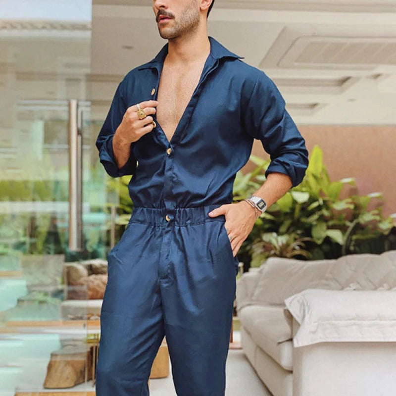 Men Solid Color Jumpsuit Playsuit  Buttons Casual Cargo Clothes Overalls Turn Down Collar Long Sleeve Oversized Waist Pants