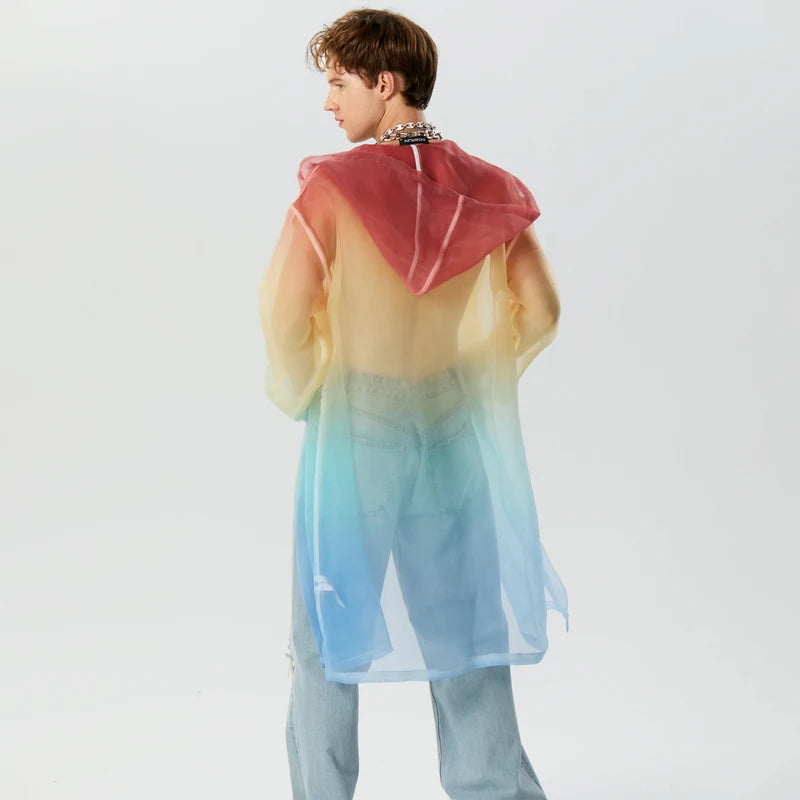 Men Trench Tie Dye Gradient Hooded Long Sleeve Transparent Open Stitch Casual Coats Streetwear Fashion Male Cardigan INCERU