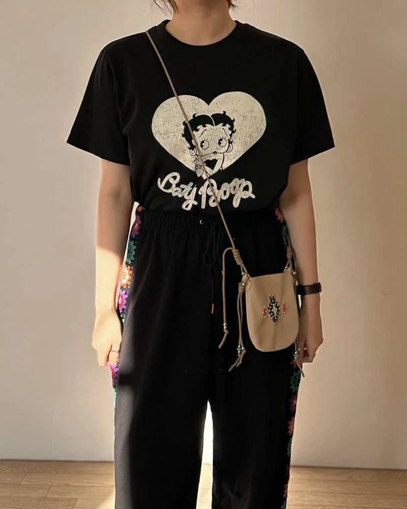 Summer Korean Style Cartoon Miss Betty Letter Love Printed Women T-shirts Streetwear Casual Loose Short Sleeve Tops Tees