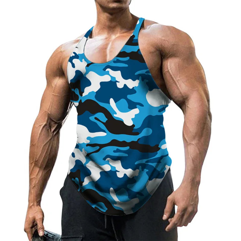 Men's Back Gym Stringer Tank Top Camouflage Top Breathable Bodybuilding Gym Vest Sleeveless Men T-shirt Crew Neck Fitness Tee