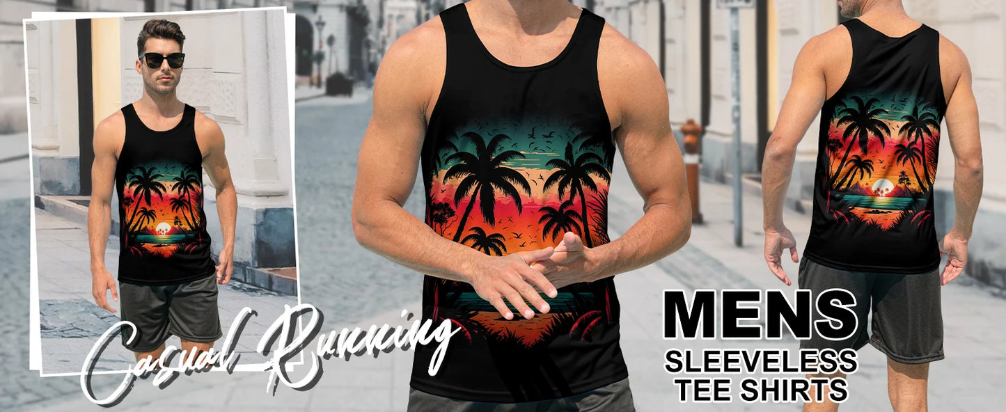New Summer Men's Sleeveless T-Shirt Men's Outdoor Hawaii Classic Travel Wear Plus-Size Round Neck Palm Leaf 3D Printed Vest