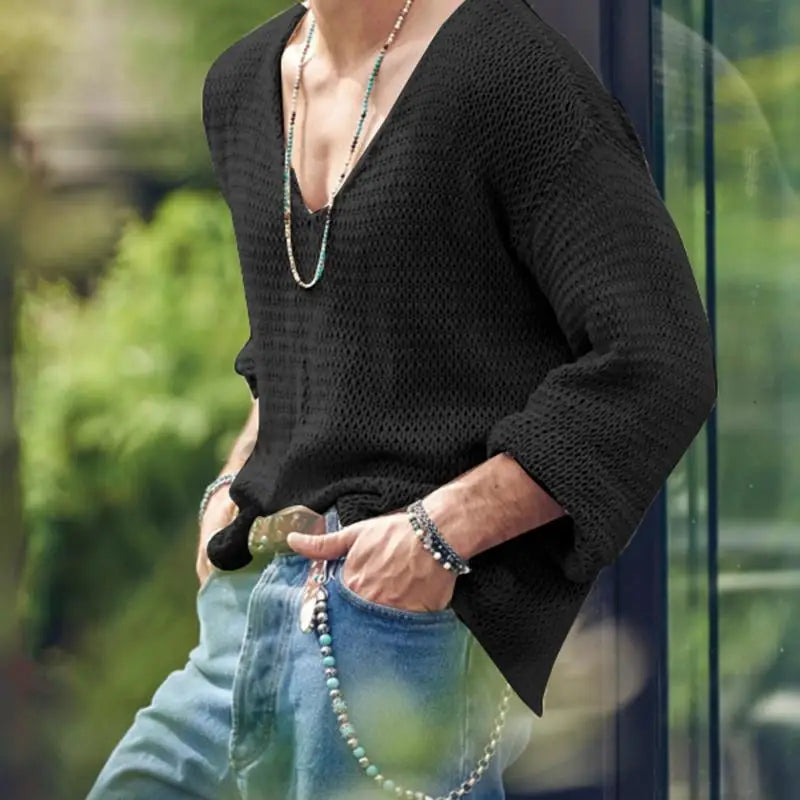 INCERUN Men T Shirt Solid Color Knitted V Neck Long Sleeve Casual Men Clothing Streetwear 2023 Hollow Out Loose Camisetas S-5XL