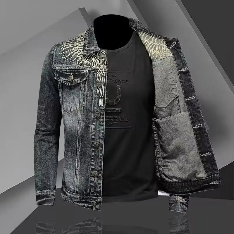 Men's retro denim jacket high street trendy embroidered lapel motorcycle jacket loose casual fashion versatile men's clothing