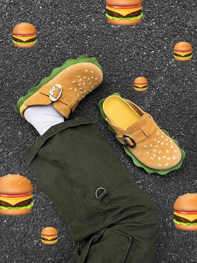 New Lazy Slippers Hamburger Sandals Lover Cute Cosplay Costumes Shoes Loafers Indoor Slippers Cow Suede Casual Comfort Men Women