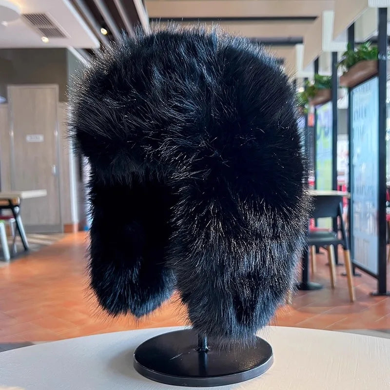 Thicken Winter Faux Fur Mink Plush Lei Feng Hat for Women Outdoor Skiing Cycling Cap Warm Ear Protection Cold Proof Russian Hat