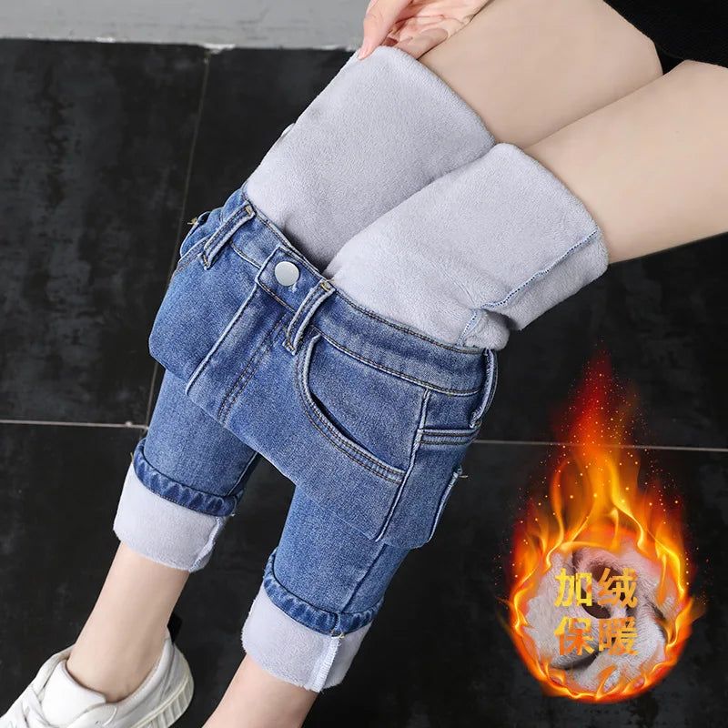 Trend Women High Waist Thermal Women's Jeans Winter Warm Plush Lined Denim Pants Leggings Blue Black Female Pants Trousers