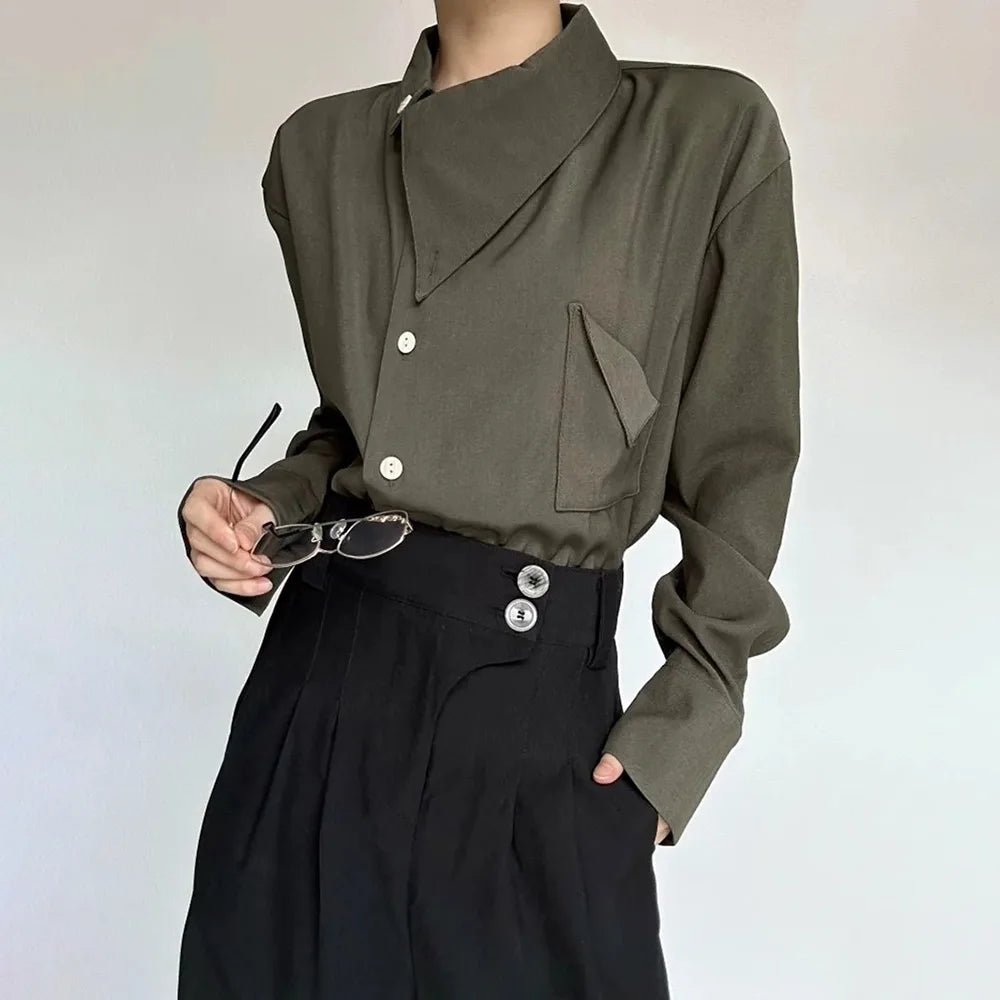 2026 Spring New Men's Long Sleeve Solid Color Shirt Elegant Retro High-End Fashion Loose Neckline Design Irregular Men's Tops