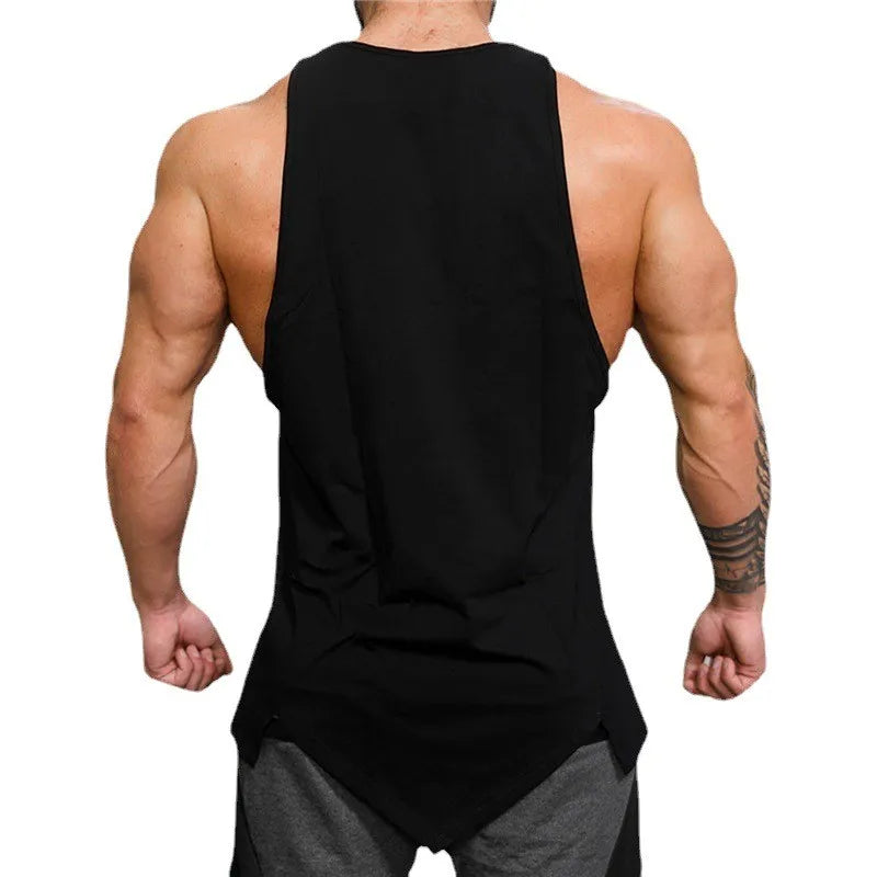 Men’s Gym Clothes Summer Trend Cotton Breathable Vest Irregular Hem Fitness Sleeveless T-shirts Printing O-neck