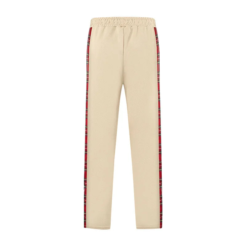 American New Men's Sports Pants Spring and Autumn Breasted Plaid Stitching Design Casual Pants Loose Straight Men's Sweatpants