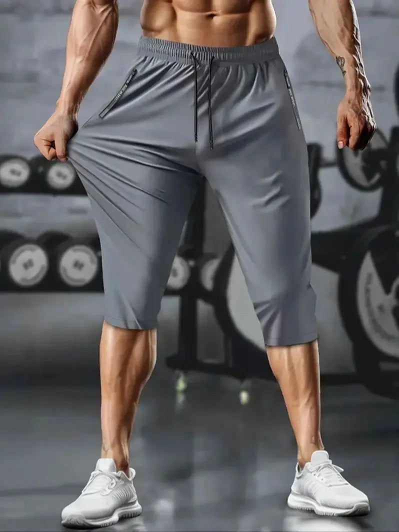 Men's casual pants, ice silk casual pants, sports cropped pants, high stretch, zippered pockets, elastic pants, fashionable casu