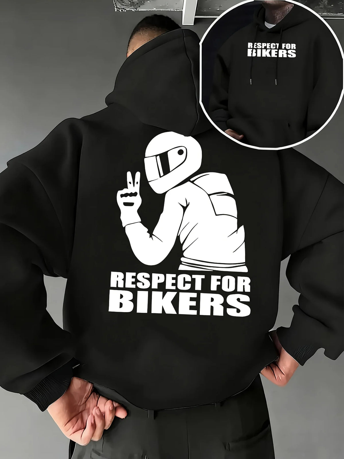 Biker Respect Statement Hoodie with Rider Peace Sign, Hip Hop Sport Style Loose Fit Casual Streetwear Long Sleeve Sweatshirt