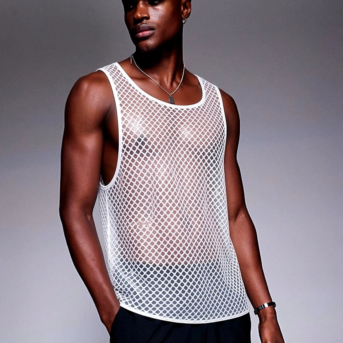 JOCKMAIL Men Tank Tops Mesh Hollow Out O-neck Sleeveless Male Vests Streetwear Summer Sexy See Through Fashion Men Clothing