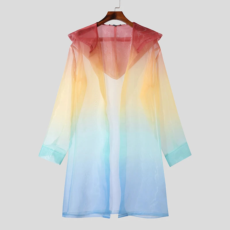 Men Trench Tie Dye Gradient Hooded Long Sleeve Transparent Open Stitch Casual Coats Streetwear Fashion Male Cardigan INCERU