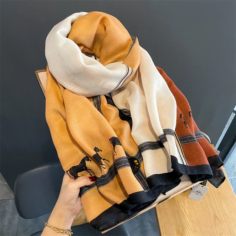 Luxury Brand 2023 Winter Women Scarf Beach Horse Shawl Cotton Lady Fashion Chain Scarves Bandana Pashmina Wrap Hijab Muffler