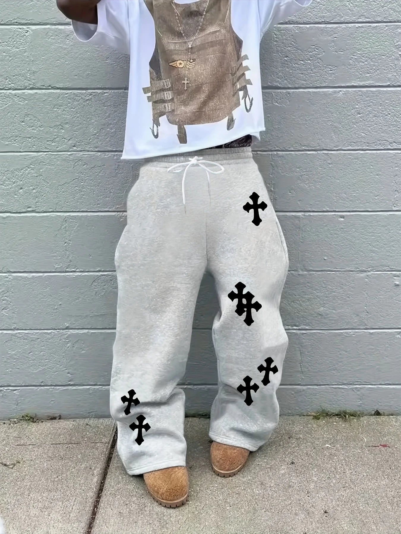 2026 Fashion Men's Black Wide Leg Pants Large White Cross Print Street Hip-Hop Pants Loose Casual Jogging Outdoor Pants Gothic