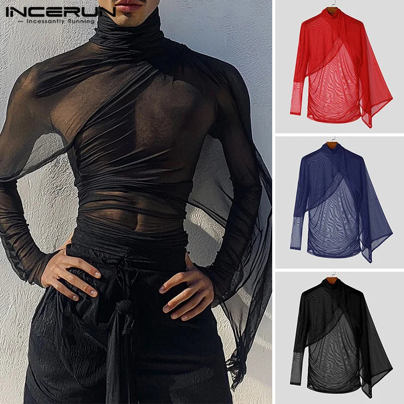 INCERUN Men See Through Solid Color Knitted T-Shirts Long Sleeve High Collar Camiseta Ruffled Edge Sexy Elegant Tops Fashion Top