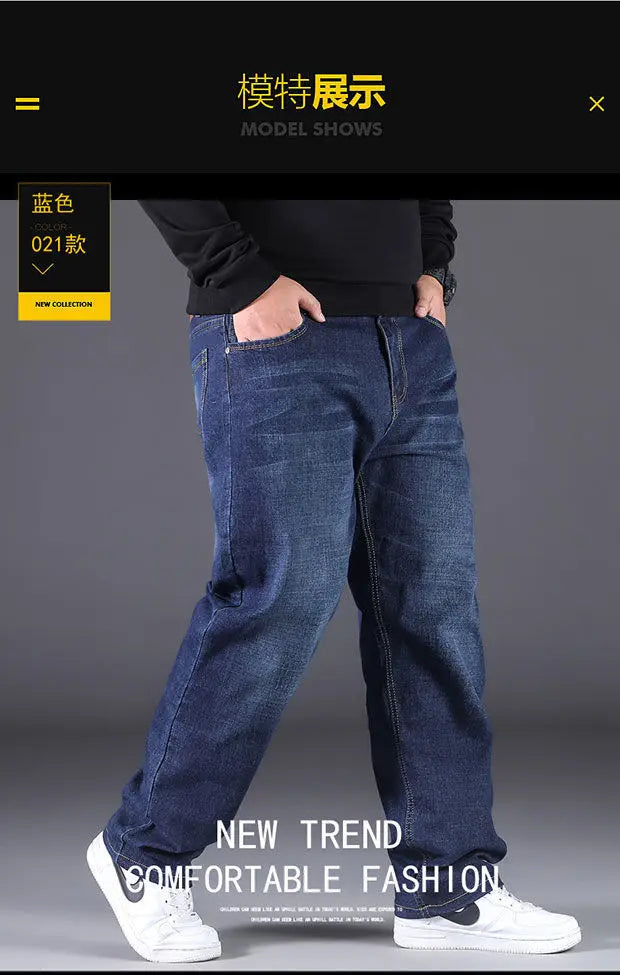 Men's Large Size Jeans Elastic Band NO 40  Oversize High Waist Loose Pant Husband Plus Size Fat Loose Black Male Denim Trouser