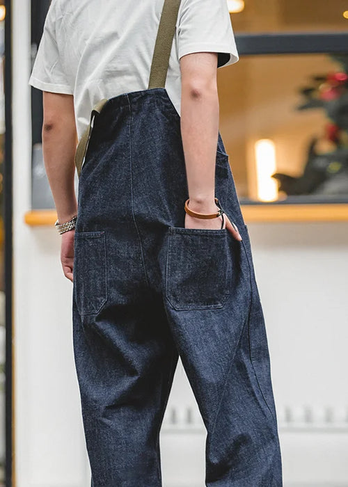 Maden Workwear American Vintage Deck Strap Pants Spring and Autumn Wash Denim Red Ear Straight Leg Jeans Men's Fashion