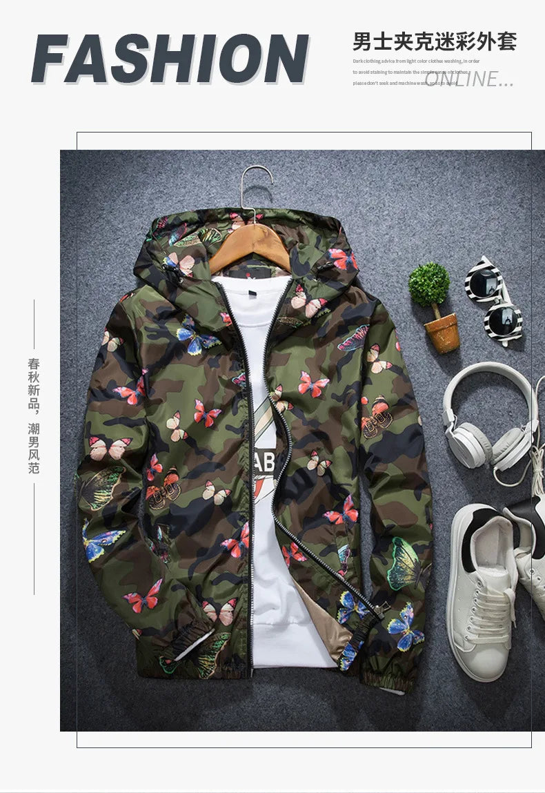 2025 Spring New Men's Camouflage Hooded Jacket Fashion Butterfly Print Loose Casual Coat Men Hood Windproof Outerwear Young Teen