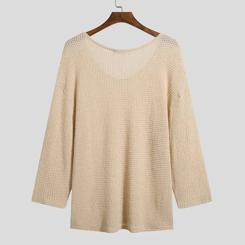 INCERUN Men T Shirt Solid Color Knitted V Neck Long Sleeve Casual Men Clothing Streetwear 2023 Hollow Out Loose Camisetas S-5XL