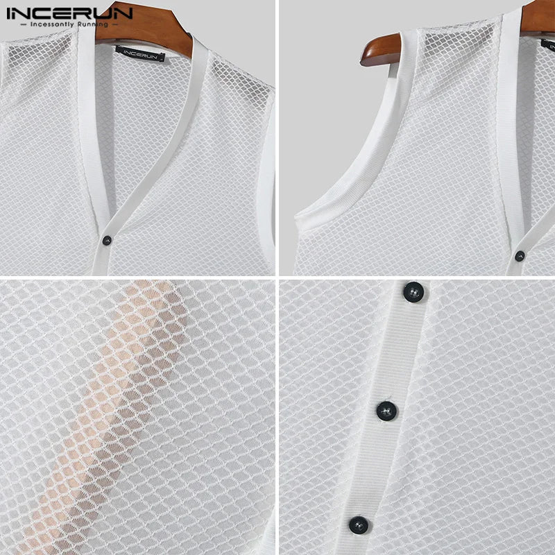 Fashion Leisure Style Tops INCERUN Men Personality Hollow Mesh Vests Summer Sexy Male Hot Sale V-neck Sleeveless Tank Tops S-5XL
