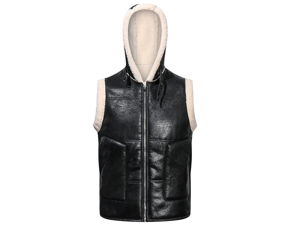Winter Men's Fleece Warm PU Leather Vests Classical Men Faux Fur Motorcycle Leather Vests Men Windbreaker Hooded Vests Clothing