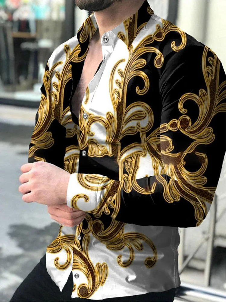 New Hawaiian Shirts Luxury Gold Pattern Shirts Men's Fashion Casual Shirts Long Sleeves Lapel Beach Shirts Men's Clothing