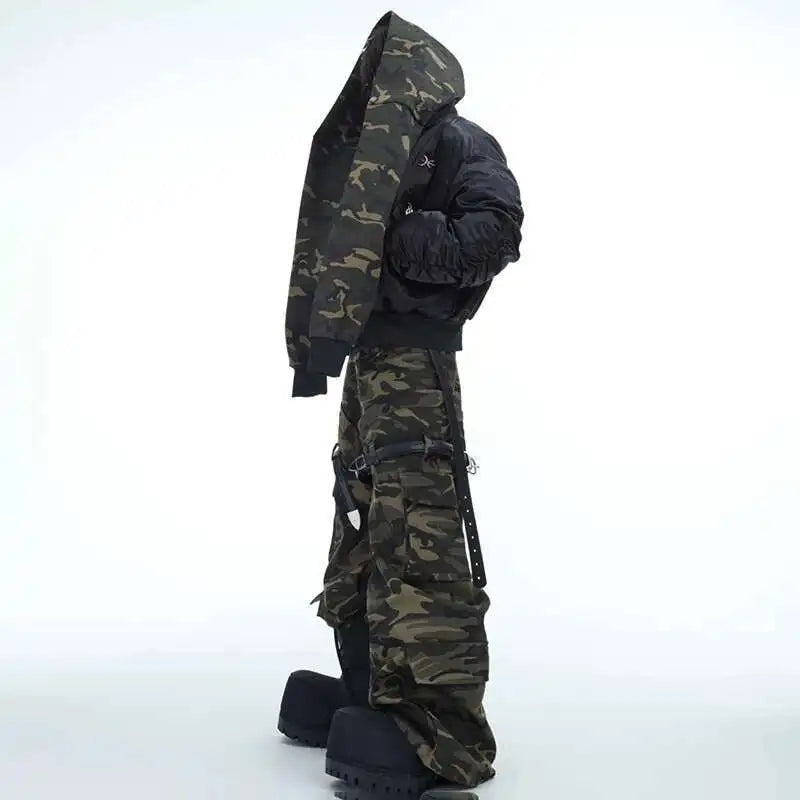 LUZHEN Belt Design Camouflage Work Pants Washed Vintage High Quality Cargo Trousers Trendy Streetwear Men's Straight LZ7881